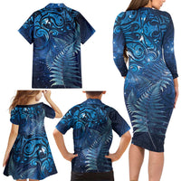 Matariki New Zealand Maori Silver Fern Family Matching Long Sleeve Bodycon Dress and Hawaiian Shirt Galaxy Blue Sky Style LT03 - Polynesian Pride