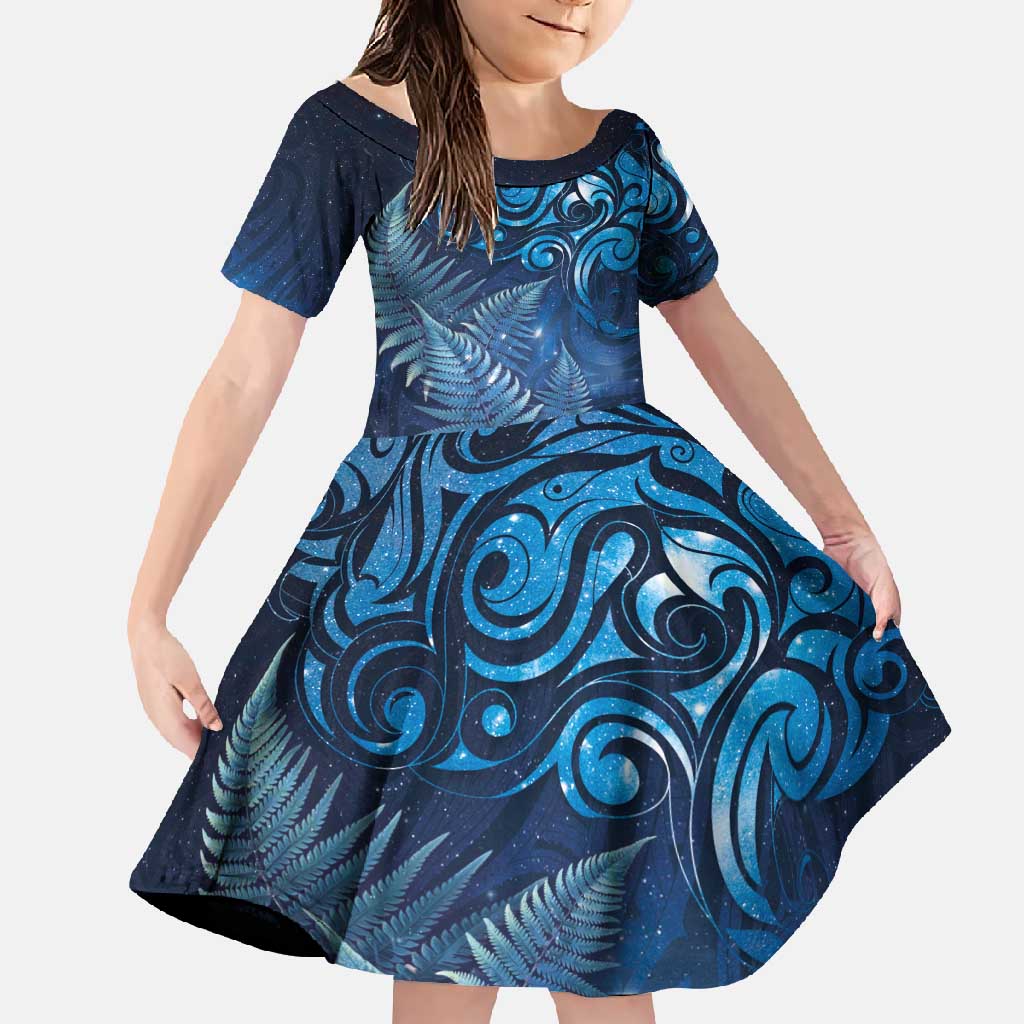 Matariki New Zealand Maori Silver Fern Family Matching Mermaid Dress and Hawaiian Shirt Galaxy Blue Sky Style LT03 Daughter's Dress Blue - Polynesian Pride