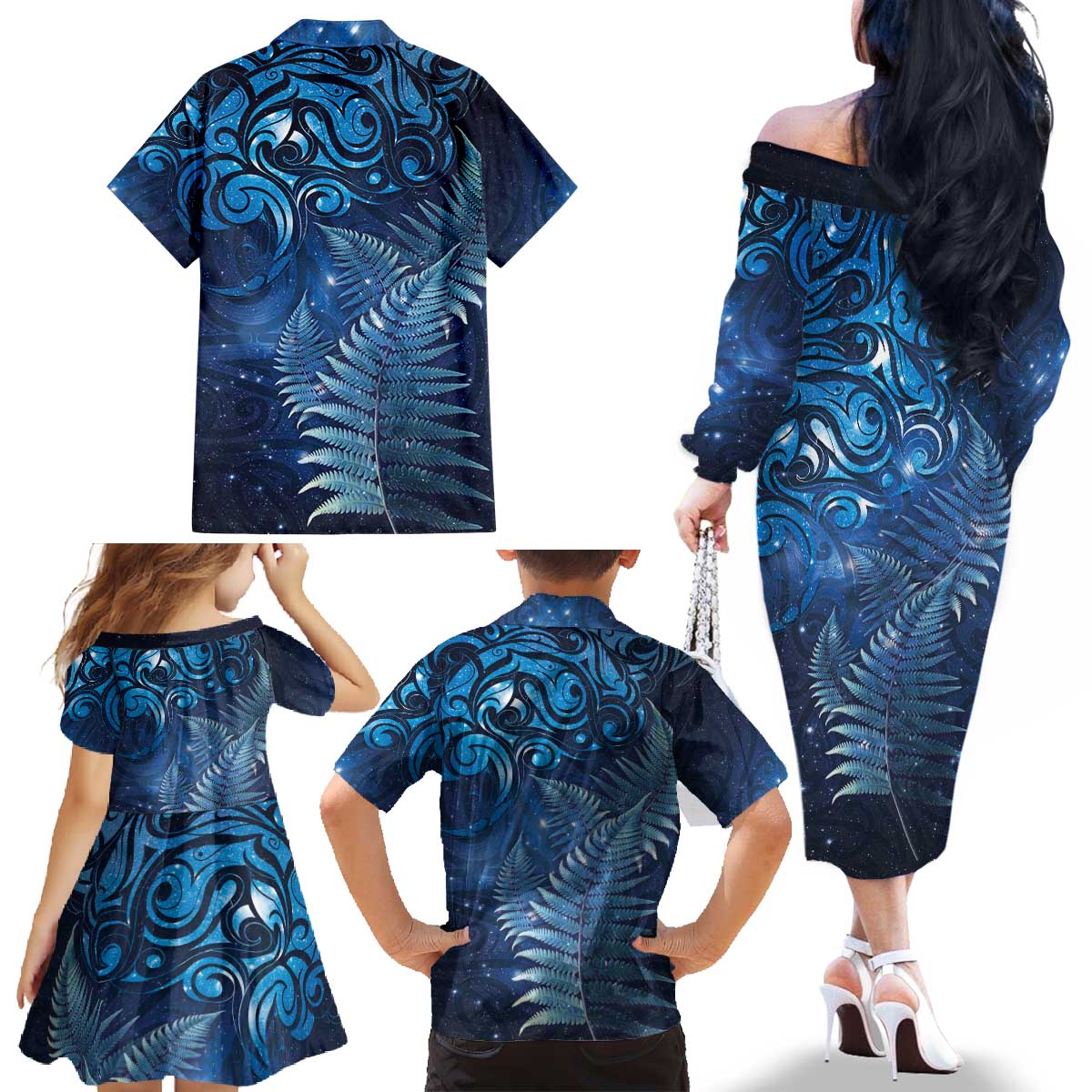 Matariki New Zealand Maori Silver Fern Family Matching Off The Shoulder Long Sleeve Dress and Hawaiian Shirt Galaxy Blue Sky Style LT03 - Polynesian Pride