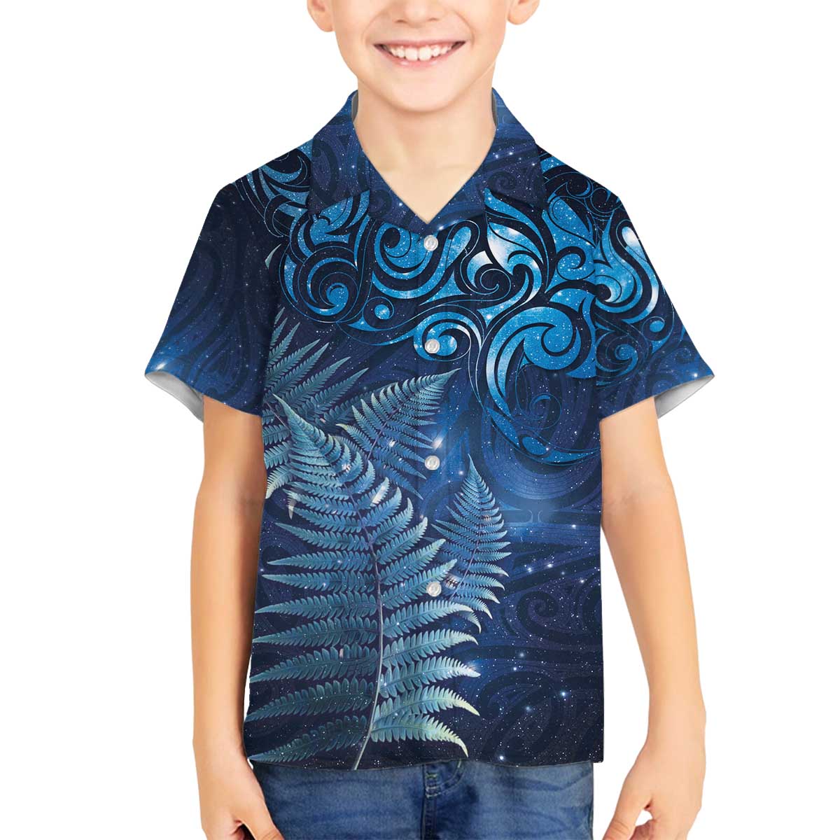 Matariki New Zealand Maori Silver Fern Family Matching Off The Shoulder Long Sleeve Dress and Hawaiian Shirt Galaxy Blue Sky Style LT03 Son's Shirt Blue - Polynesian Pride