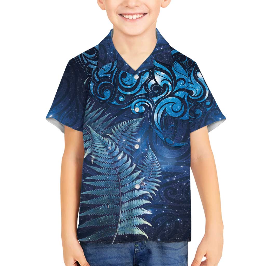 Matariki New Zealand Maori Silver Fern Family Matching Off Shoulder Maxi Dress and Hawaiian Shirt Galaxy Blue Sky Style LT03 Son's Shirt Blue - Polynesian Pride