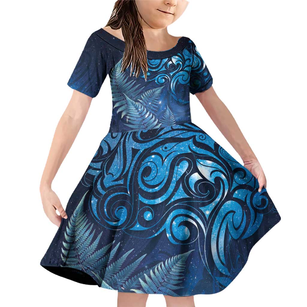 Matariki New Zealand Maori Silver Fern Family Matching Off Shoulder Short Dress and Hawaiian Shirt Galaxy Blue Sky Style LT03 Daughter's Dress Blue - Polynesian Pride
