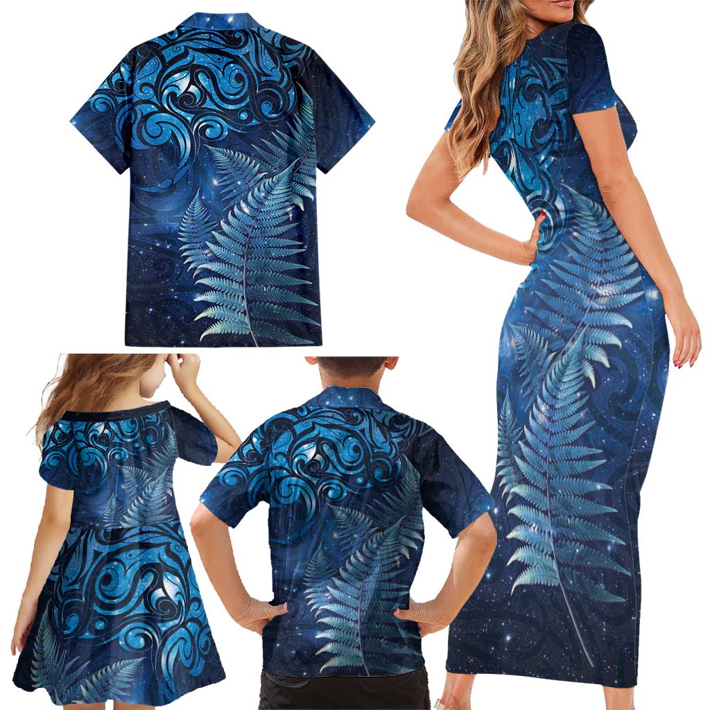 Matariki New Zealand Maori Silver Fern Family Matching Short Sleeve Bodycon Dress and Hawaiian Shirt Galaxy Blue Sky Style LT03 - Polynesian Pride