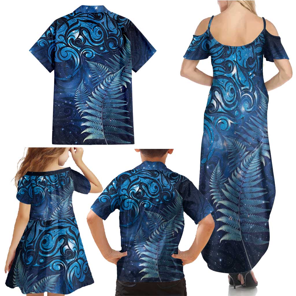 Matariki New Zealand Maori Silver Fern Family Matching Summer Maxi Dress and Hawaiian Shirt Galaxy Blue Sky Style LT03 - Polynesian Pride