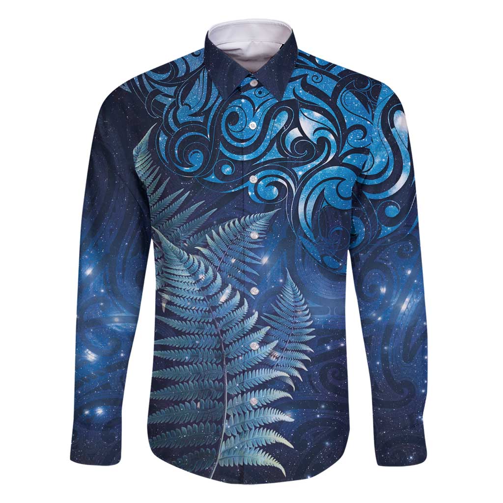 Matariki New Zealand Maori Silver Fern Family Matching Summer Maxi Dress and Hawaiian Shirt Galaxy Blue Sky Style LT03 Dad's Shirt - Long Sleeve Blue - Polynesian Pride