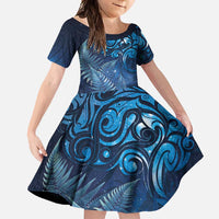Matariki New Zealand Maori Silver Fern Family Matching Tank Maxi Dress and Hawaiian Shirt Galaxy Blue Sky Style LT03 Daughter's Dress Blue - Polynesian Pride
