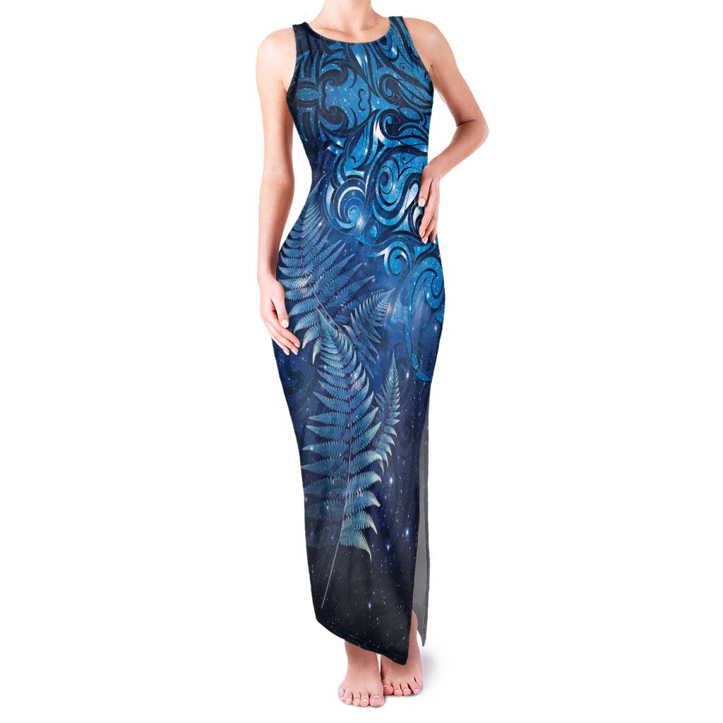 Matariki New Zealand Maori Silver Fern Family Matching Tank Maxi Dress and Hawaiian Shirt Galaxy Blue Sky Style LT03 Mom's Dress Blue - Polynesian Pride