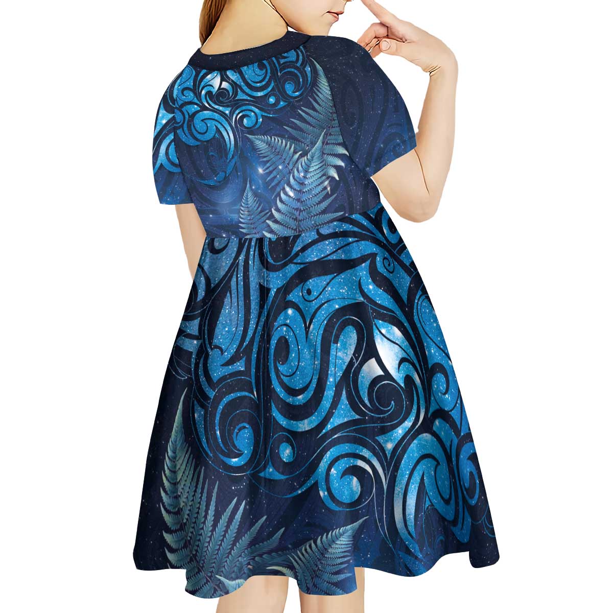 Matariki New Zealand Maori Silver Fern Kid Short Sleeve Dress Galaxy Blue Sky Style LT03 - Polynesian Pride