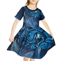 Matariki New Zealand Maori Silver Fern Kid Short Sleeve Dress Galaxy Blue Sky Style LT03 - Polynesian Pride