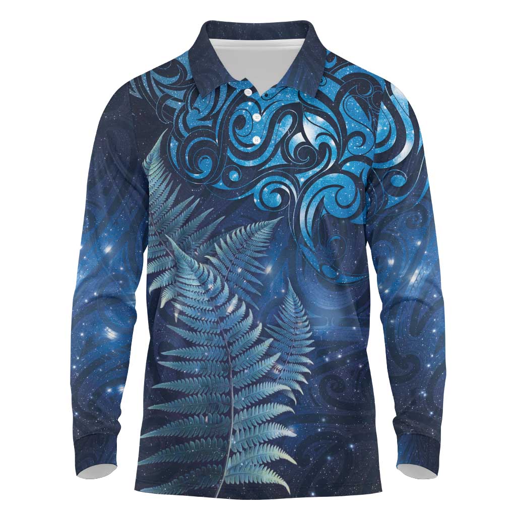 Matariki New Zealand Maori Silver Fern Long Sleeve Polo Shirt Galaxy Blue Sky Style LT03 Blue - Polynesian Pride