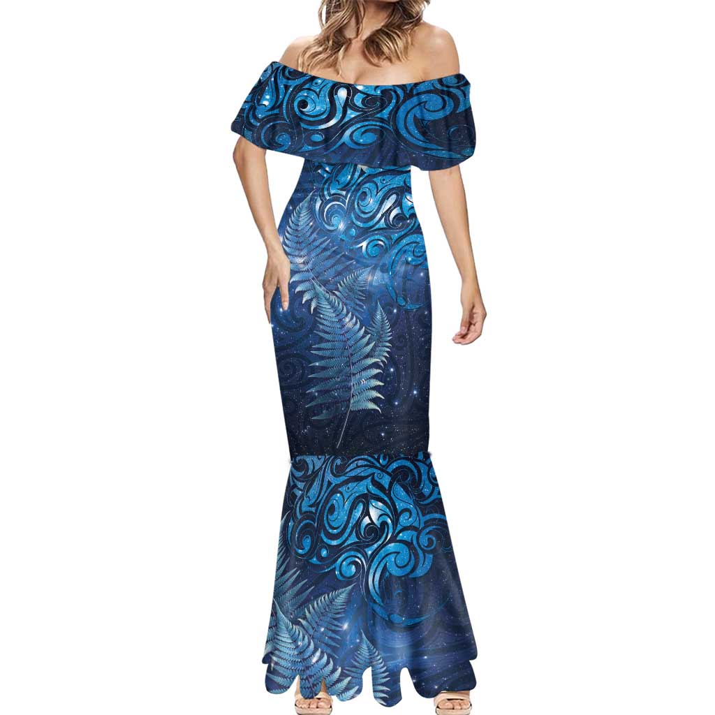 Matariki New Zealand Maori Silver Fern Mermaid Dress Galaxy Blue Sky Style LT03 - Polynesian Pride