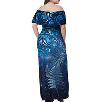 Matariki New Zealand Maori Silver Fern Off Shoulder Maxi Dress Galaxy Blue Sky Style LT03 - Polynesian Pride