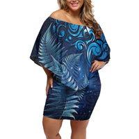 Matariki New Zealand Maori Silver Fern Off Shoulder Short Dress Galaxy Blue Sky Style LT03 Women Blue - Polynesian Pride