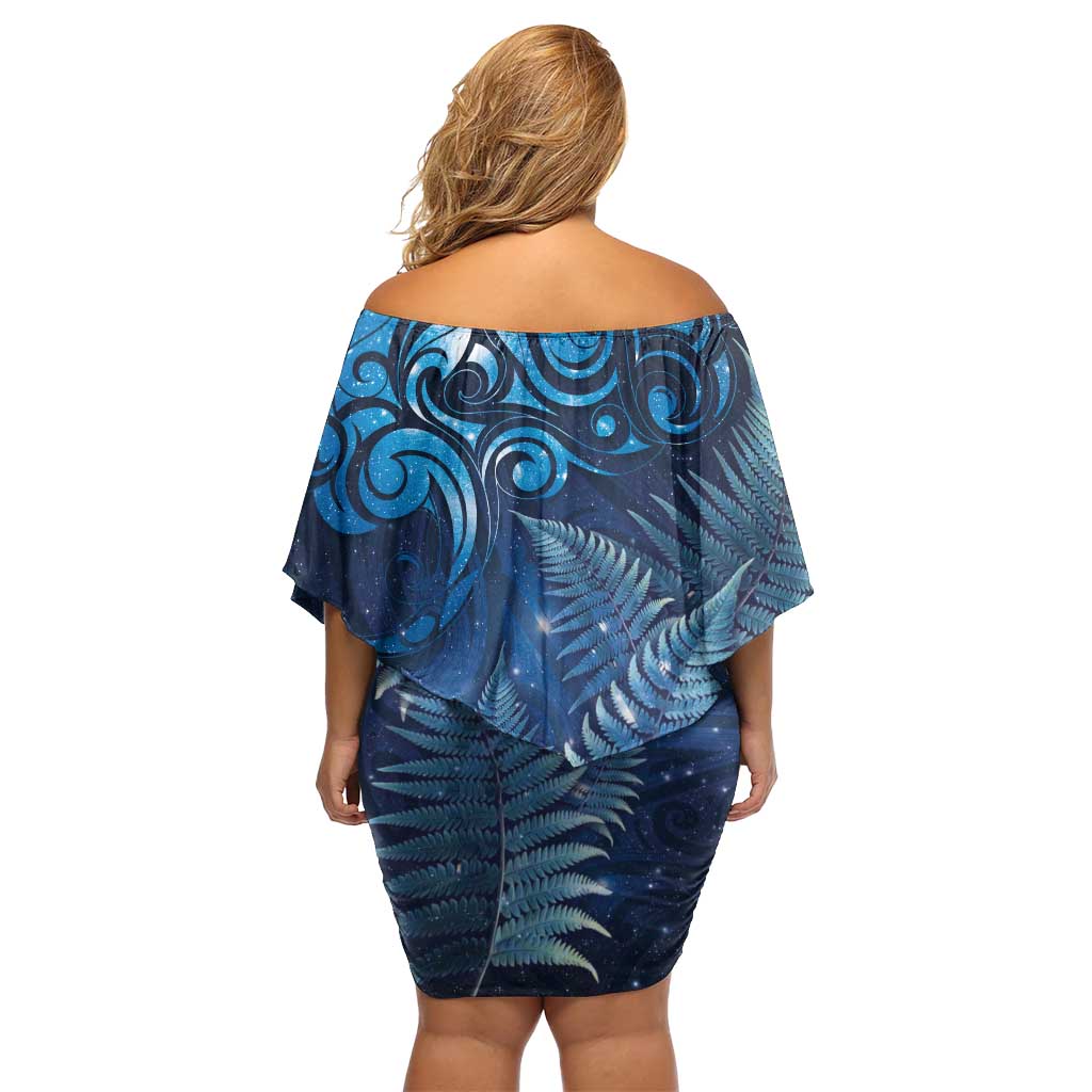 Matariki New Zealand Maori Silver Fern Off Shoulder Short Dress Galaxy Blue Sky Style LT03 - Polynesian Pride