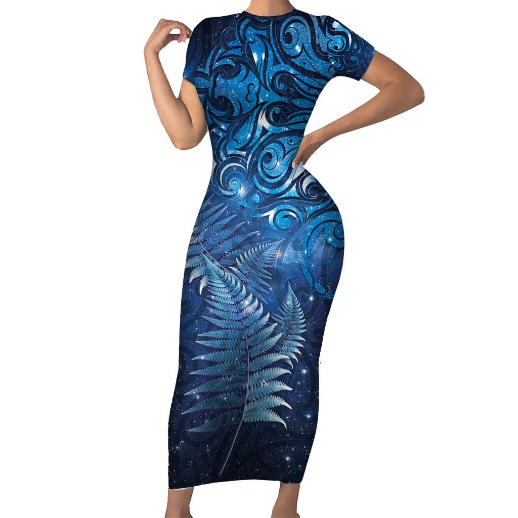 Matariki New Zealand Maori Silver Fern Short Sleeve Bodycon Dress Galaxy Blue Sky Style LT03 Long Dress Blue - Polynesian Pride