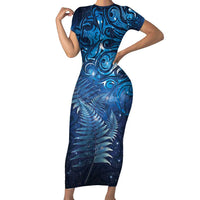 Matariki New Zealand Maori Silver Fern Short Sleeve Bodycon Dress Galaxy Blue Sky Style LT03 Long Dress Blue - Polynesian Pride