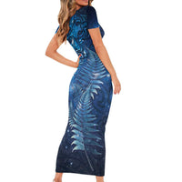 Matariki New Zealand Maori Silver Fern Short Sleeve Bodycon Dress Galaxy Blue Sky Style LT03 - Polynesian Pride
