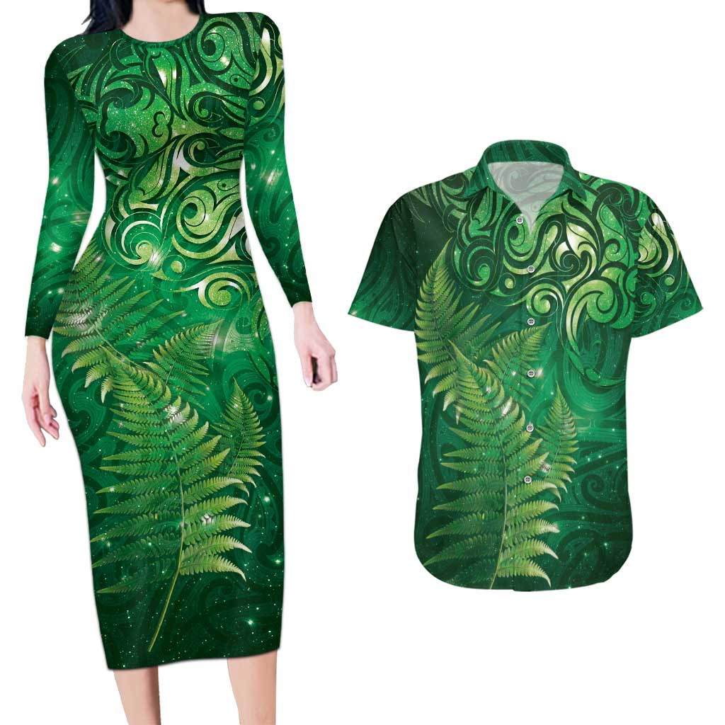 Matariki New Zealand Maori Silver Fern Couples Matching Long Sleeve Bodycon Dress and Hawaiian Shirt Galaxy Green Sky Style LT03 Green - Polynesian Pride