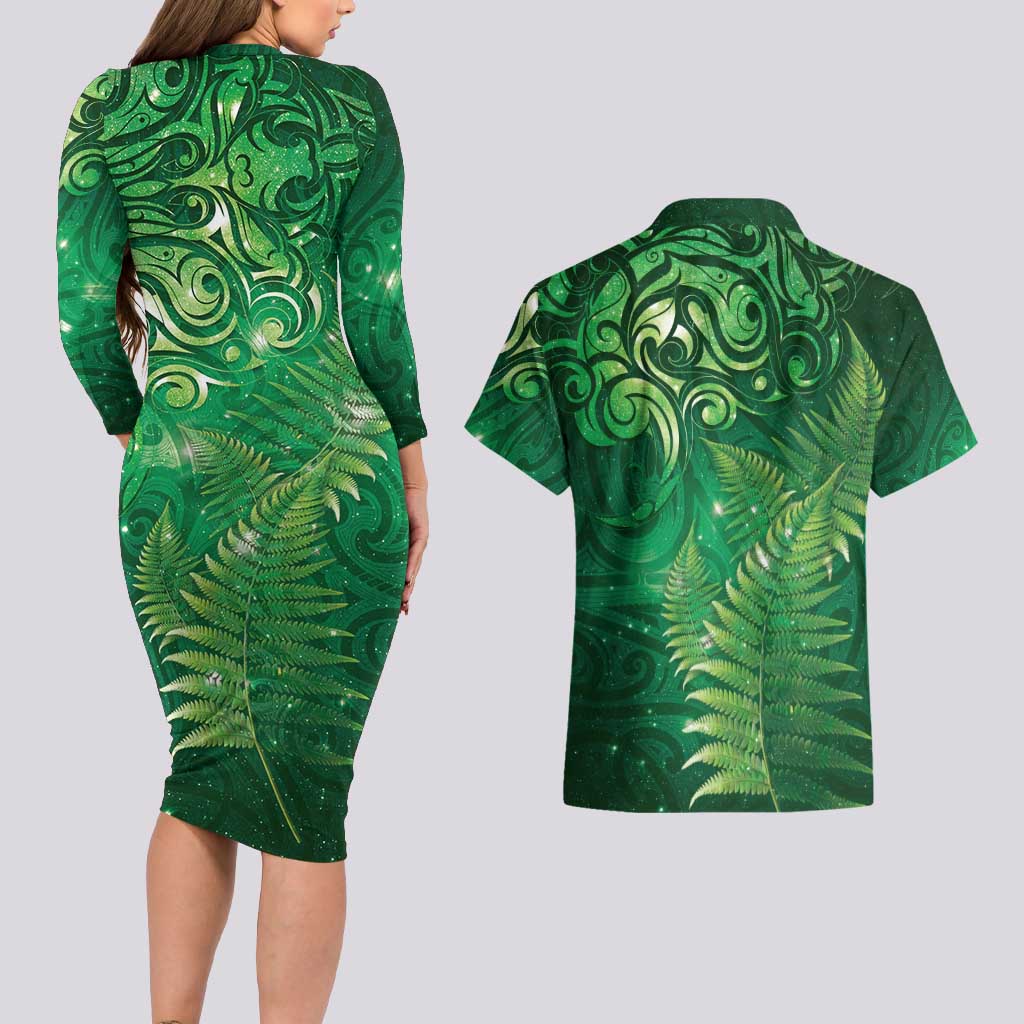 Matariki New Zealand Maori Silver Fern Couples Matching Long Sleeve Bodycon Dress and Hawaiian Shirt Galaxy Green Sky Style LT03 - Polynesian Pride
