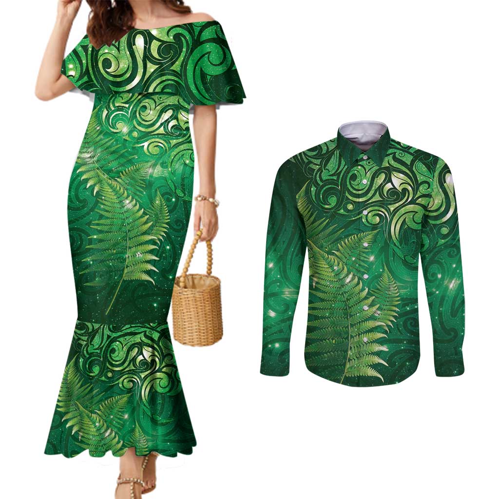 Matariki New Zealand Maori Silver Fern Couples Matching Mermaid Dress and Long Sleeve Button Shirt Galaxy Green Sky Style