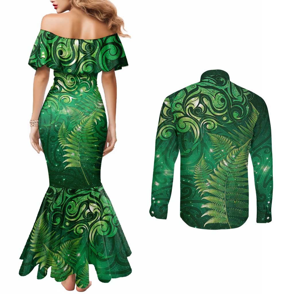Matariki New Zealand Maori Silver Fern Couples Matching Mermaid Dress and Long Sleeve Button Shirt Galaxy Green Sky Style LT03 - Polynesian Pride