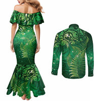 Matariki New Zealand Maori Silver Fern Couples Matching Mermaid Dress and Long Sleeve Button Shirt Galaxy Green Sky Style LT03 - Polynesian Pride