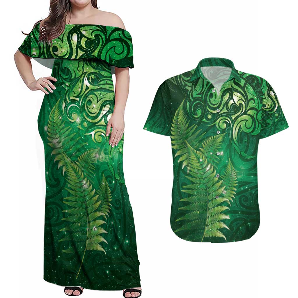 Matariki New Zealand Maori Silver Fern Couples Matching Off Shoulder Maxi Dress and Hawaiian Shirt Galaxy Green Sky Style LT03 Green - Polynesian Pride