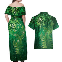 Matariki New Zealand Maori Silver Fern Couples Matching Off Shoulder Maxi Dress and Hawaiian Shirt Galaxy Green Sky Style LT03 - Polynesian Pride