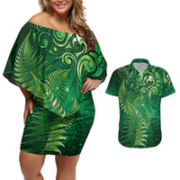 Matariki New Zealand Maori Silver Fern Couples Matching Off Shoulder Short Dress and Hawaiian Shirt Galaxy Green Sky Style LT03 Green - Polynesian Pride