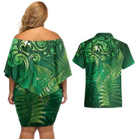 Matariki New Zealand Maori Silver Fern Couples Matching Off Shoulder Short Dress and Hawaiian Shirt Galaxy Green Sky Style LT03 - Polynesian Pride