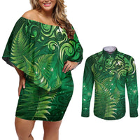 Matariki New Zealand Maori Silver Fern Couples Matching Off Shoulder Short Dress and Long Sleeve Button Shirt Galaxy Green Sky Style LT03 Green - Polynesian Pride