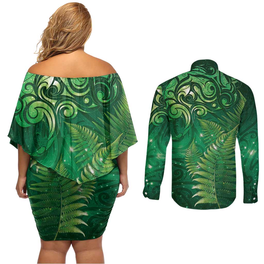 Matariki New Zealand Maori Silver Fern Couples Matching Off Shoulder Short Dress and Long Sleeve Button Shirt Galaxy Green Sky Style LT03 - Polynesian Pride