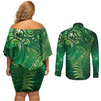 Matariki New Zealand Maori Silver Fern Couples Matching Off Shoulder Short Dress and Long Sleeve Button Shirt Galaxy Green Sky Style LT03 - Polynesian Pride