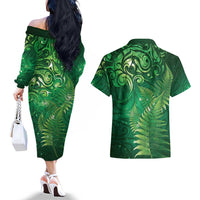 Matariki New Zealand Maori Silver Fern Couples Matching Off The Shoulder Long Sleeve Dress and Hawaiian Shirt Galaxy Green Sky Style LT03 - Polynesian Pride