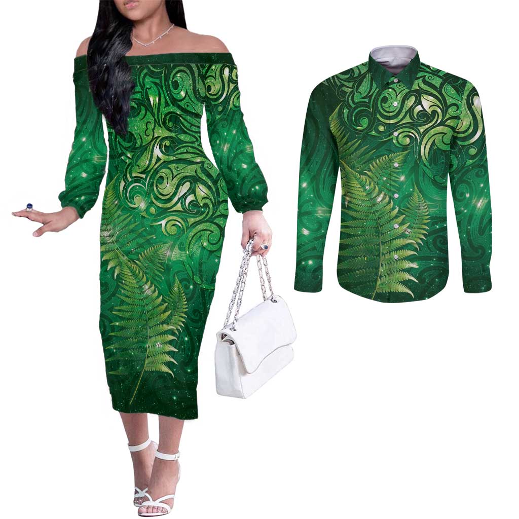 Matariki New Zealand Maori Silver Fern Couples Matching Off The Shoulder Long Sleeve Dress and Long Sleeve Button Shirt Galaxy Green Sky Style LT03 Green - Polynesian Pride