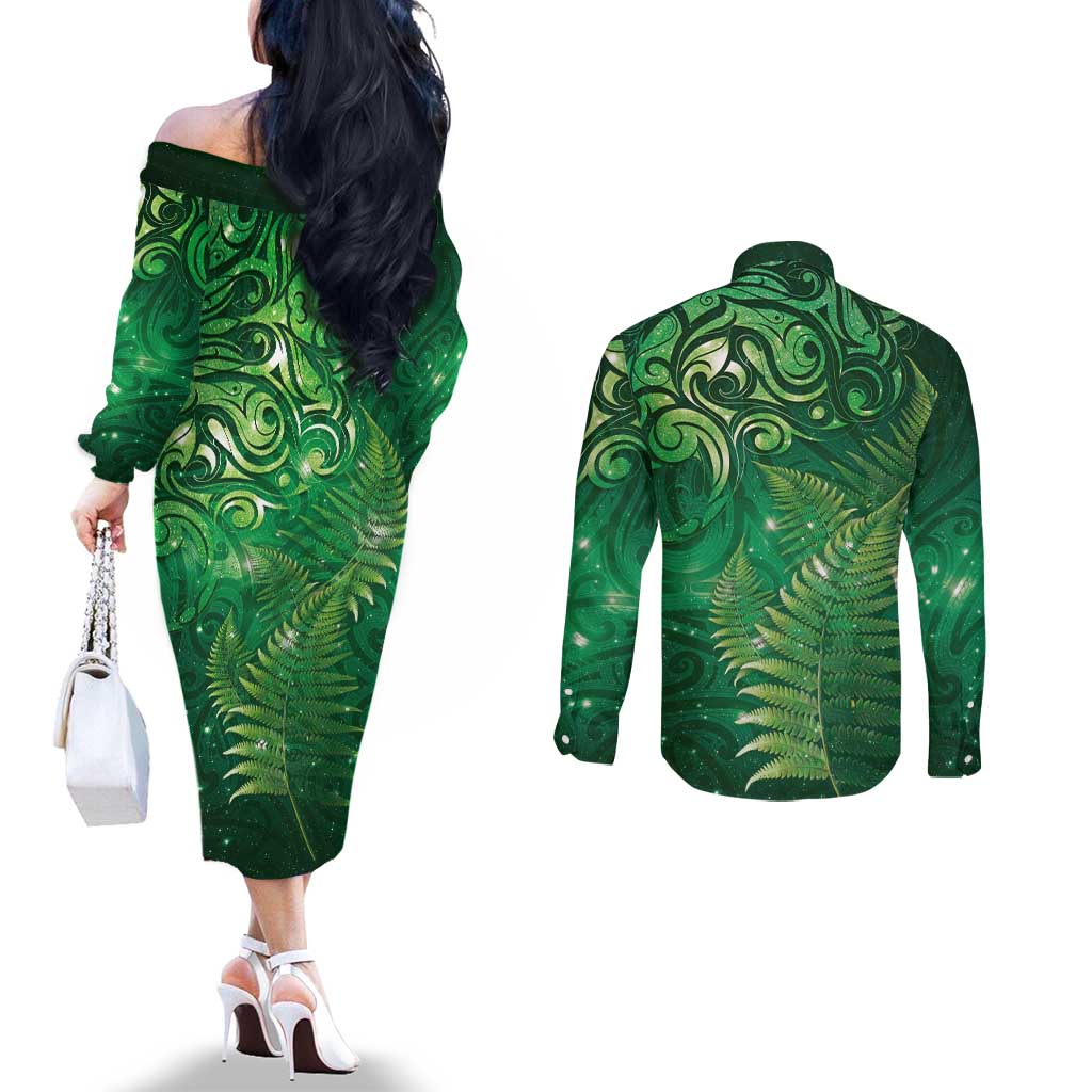 Matariki New Zealand Maori Silver Fern Couples Matching Off The Shoulder Long Sleeve Dress and Long Sleeve Button Shirt Galaxy Green Sky Style LT03 - Polynesian Pride
