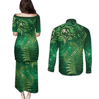 Matariki New Zealand Maori Silver Fern Couples Matching Puletasi and Long Sleeve Button Shirt Galaxy Green Sky Style LT03 - Polynesian Pride