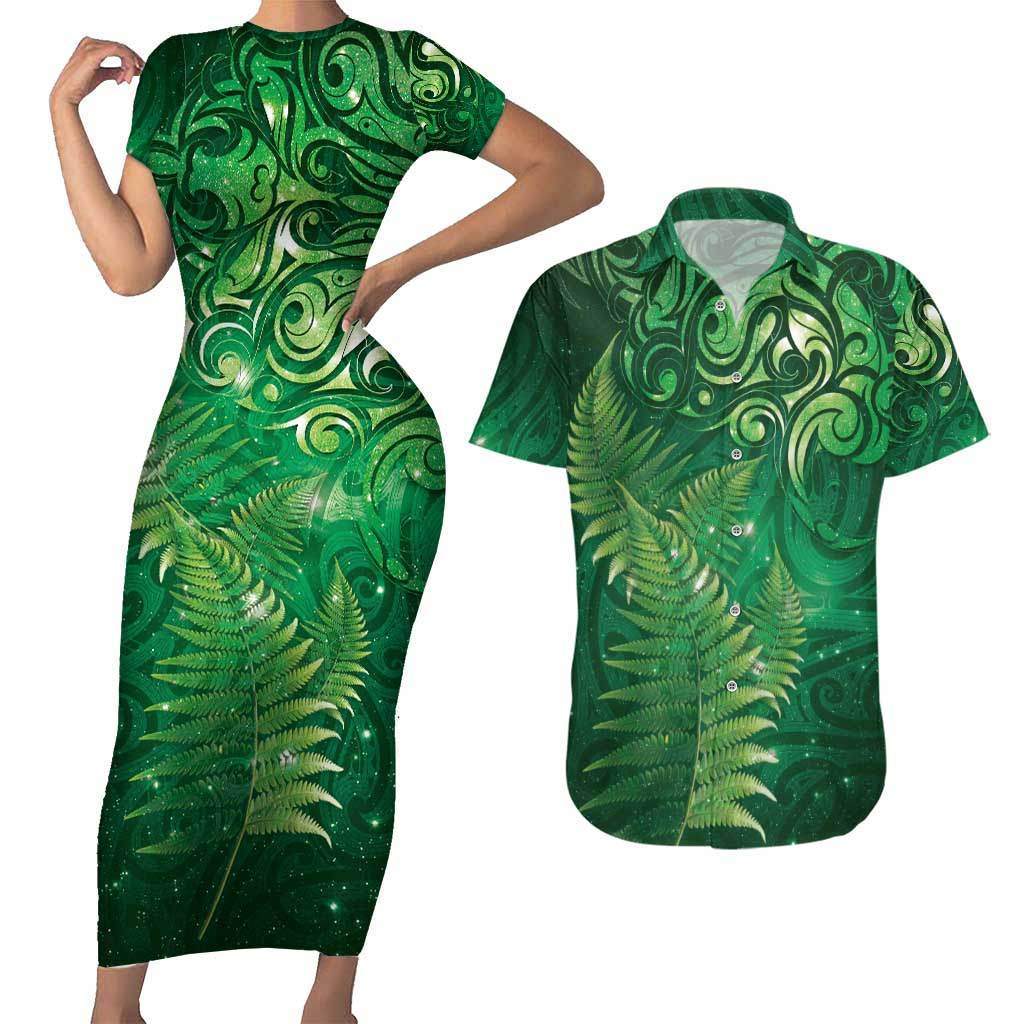 Matariki New Zealand Maori Silver Fern Couples Matching Short Sleeve Bodycon Dress and Hawaiian Shirt Galaxy Green Sky Style LT03 Green - Polynesian Pride