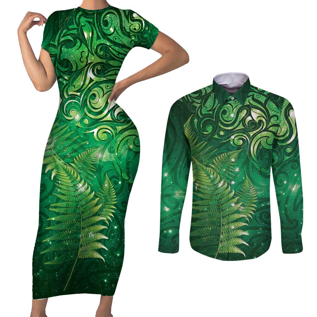 Matariki New Zealand Maori Silver Fern Couples Matching Short Sleeve Bodycon Dress and Long Sleeve Button Shirt Galaxy Green Sky Style LT03 Green - Polynesian Pride