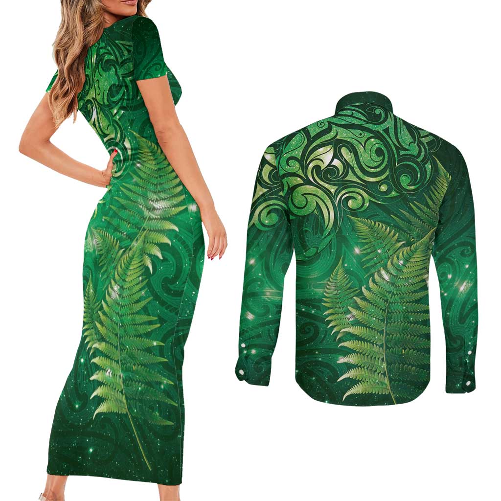 Matariki New Zealand Maori Silver Fern Couples Matching Short Sleeve Bodycon Dress and Long Sleeve Button Shirt Galaxy Green Sky Style LT03 - Polynesian Pride