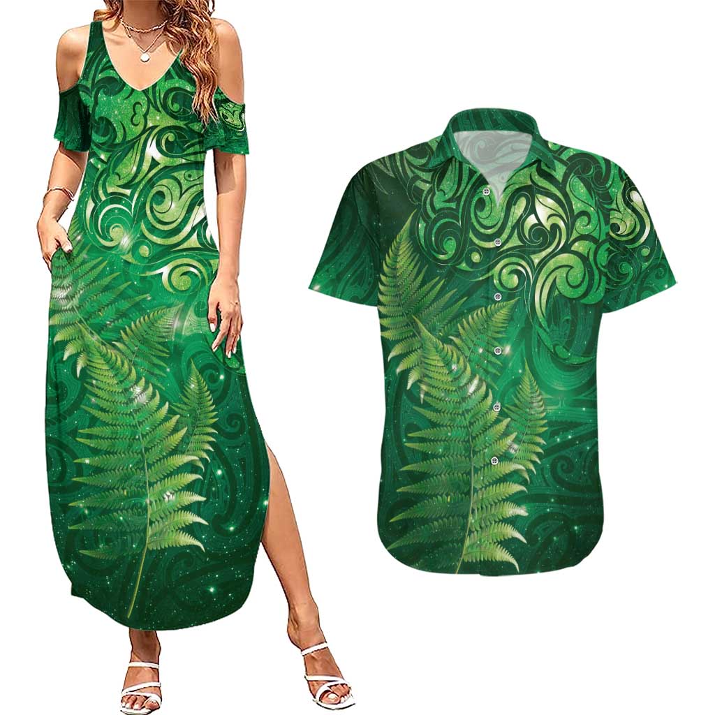 Matariki New Zealand Maori Silver Fern Couples Matching Summer Maxi Dress and Hawaiian Shirt Galaxy Green Sky Style LT03 Green - Polynesian Pride