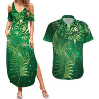 Matariki New Zealand Maori Silver Fern Couples Matching Summer Maxi Dress and Hawaiian Shirt Galaxy Green Sky Style LT03 Green - Polynesian Pride