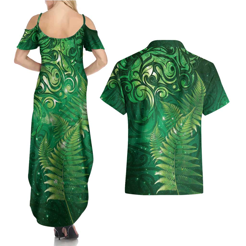 Matariki New Zealand Maori Silver Fern Couples Matching Summer Maxi Dress and Hawaiian Shirt Galaxy Green Sky Style LT03 - Polynesian Pride