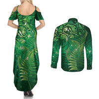 Matariki New Zealand Maori Silver Fern Couples Matching Summer Maxi Dress and Long Sleeve Button Shirt Galaxy Green Sky Style LT03 - Polynesian Pride