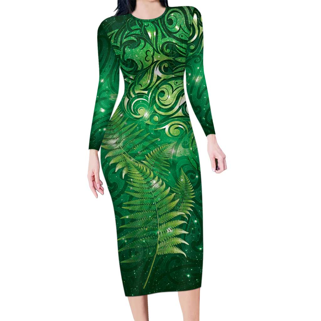 Matariki New Zealand Maori Silver Fern Family Matching Long Sleeve Bodycon Dress and Hawaiian Shirt Galaxy Green Sky Style LT03 Mom's Dress Green - Polynesian Pride
