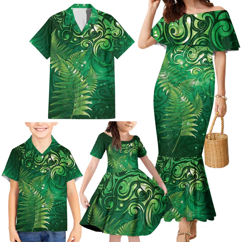 Matariki New Zealand Maori Silver Fern Family Matching Mermaid Dress and Hawaiian Shirt Galaxy Green Sky Style LT03 - Polynesian Pride