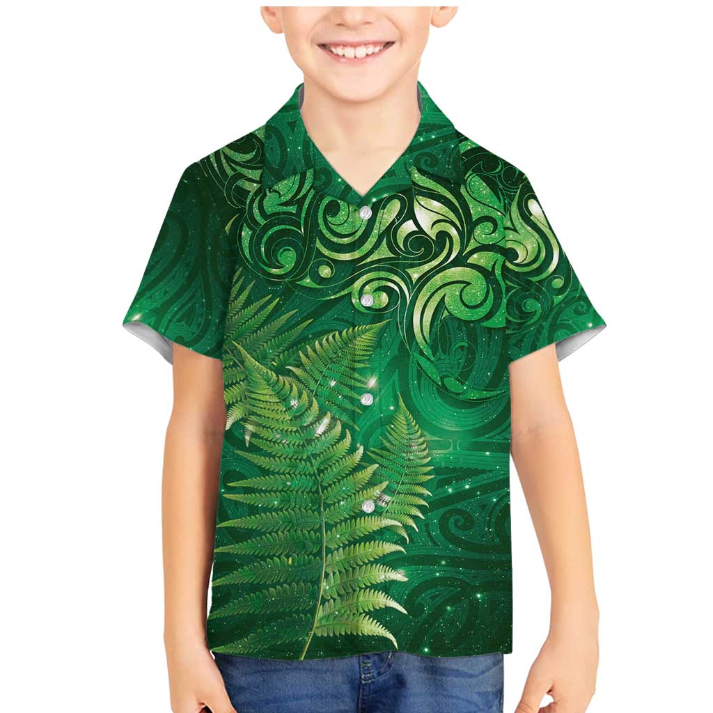 Matariki New Zealand Maori Silver Fern Family Matching Mermaid Dress and Hawaiian Shirt Galaxy Green Sky Style LT03 Son's Shirt Green - Polynesian Pride