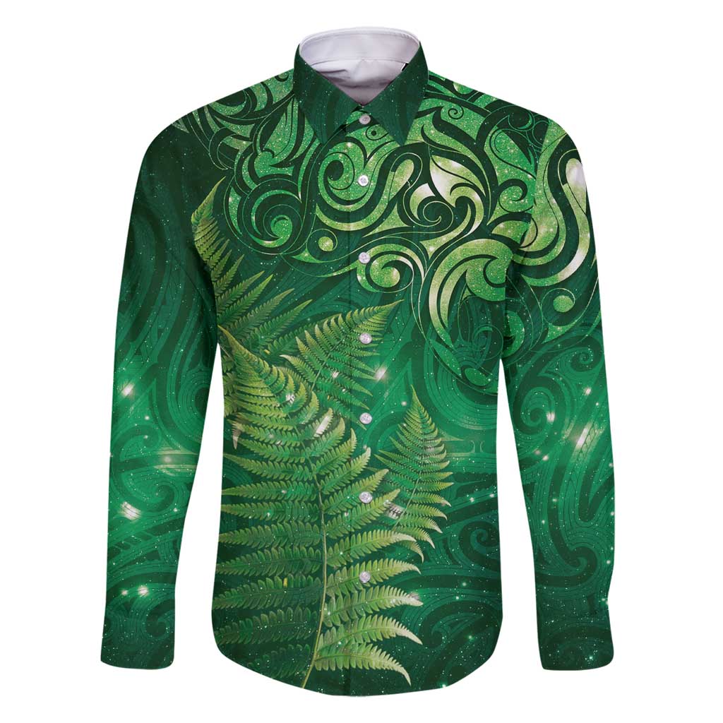 Matariki New Zealand Maori Silver Fern Family Matching Off Shoulder Maxi Dress and Hawaiian Shirt Galaxy Green Sky Style LT03 Dad's Shirt - Long Sleeve Green - Polynesian Pride