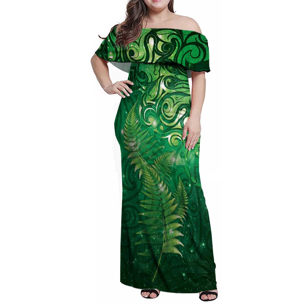 Matariki New Zealand Maori Silver Fern Family Matching Off Shoulder Maxi Dress and Hawaiian Shirt Galaxy Green Sky Style LT03 Mom's Dress Green - Polynesian Pride