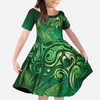 Matariki New Zealand Maori Silver Fern Family Matching Puletasi and Hawaiian Shirt Galaxy Green Sky Style LT03 Daughter's Dress Green - Polynesian Pride